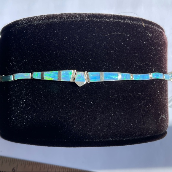 Vintage Blue Opal Mexico 950 Sterling Silver Inlaid Panel Bracelet Old! - Picture 3 of 11